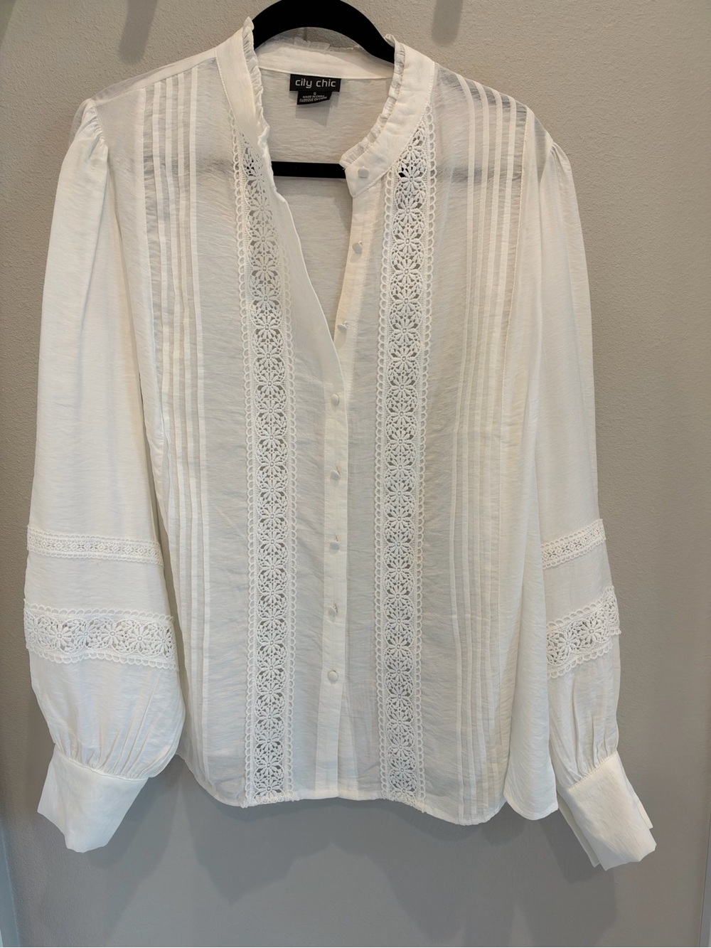 City Chic White Lace Pintuck Button Blouse